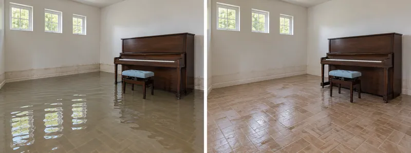 Water Extraction in Mansfield — matched before and after room with bulk water removed and dampness remaining